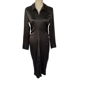 Samsoe Samsoe Ivana Black Crepe Textured Long-Sleeve Collared Midi Dress Size L